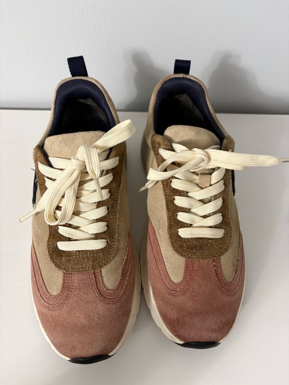 Tory Burch Good Luck Trainer Suede Colorblock Sneaker 8 Moon Pink/Cream - Picture 4 of 8
